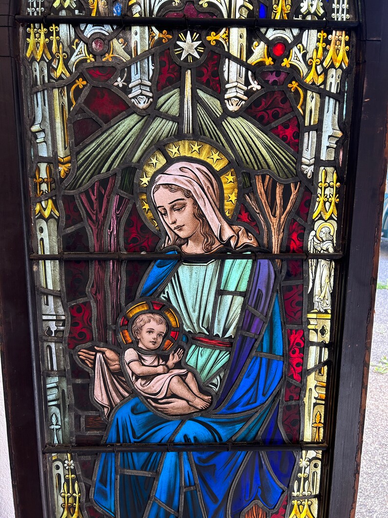 Antique Mary and Baby Jesus Stained Glass Religious Church Window ...