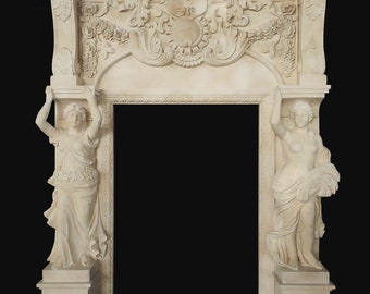 May include: A white marble fireplace mantel with intricate carvings and two sculpted figures on either side. The mantel has a decorative archway and a raised base.