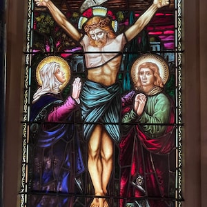 Remarkable Antique Stained Glass Window Of The Crucification
