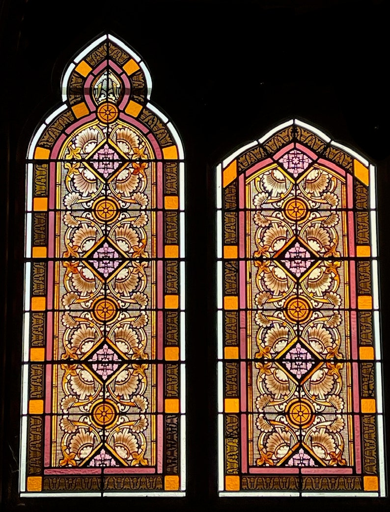 Beautiful Victorian Gothic Antique Stained Glass Triptych Window Set Etsy