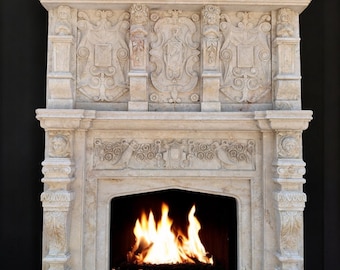 May include: A large, ornate, white marble fireplace with a fire burning inside. The fireplace has intricate carvings and details, including a coat of arms and other decorative elements.