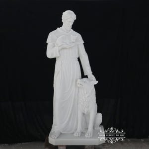 Hand Carved Marble St. Francis of Assisi Statue with Cat