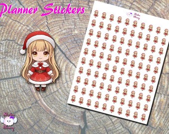 冬の衣装を着た可愛いアニメ風の女の子のステッカー｜クリスマスかわいいちびアート、プリント