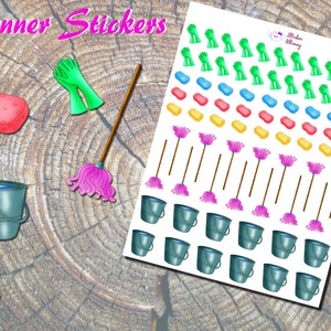 May include: Planner stickers with cleaning-themed illustrations. The stickers include a red sponge, green gloves, a pink mop, and a grey bucket. The sticker sheet has multiple images of each item.