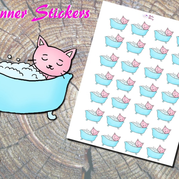 Pinky the Cat Bath Time Planner Stickers, Printed Stickers, Bubble Bath Stickers, Cute Cat Stickers, Erin Condren, Reminder, Functional