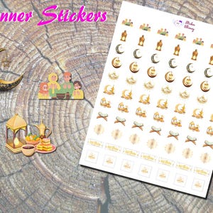 May include: A sheet of planner stickers featuring a variety of Ramadan-themed designs, including crescent moons, lanterns, and prayer rugs. The stickers are printed on white paper and are perfect for adding a touch of Islamic culture to your planner.