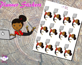May include: A sheet of planner stickers featuring a cartoon illustration of a person with brown skin and black hair, wearing a red shirt and black pants, using a laptop. The person is repeated 10 times on the sheet, in various poses.