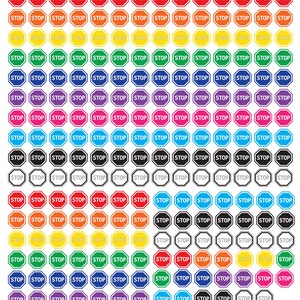 May include: A sheet of 100 colourful octagon-shaped stickers with the word "STOP" printed in white on each sticker. The stickers are in various colours, including red, yellow, green, blue, purple, and pink.