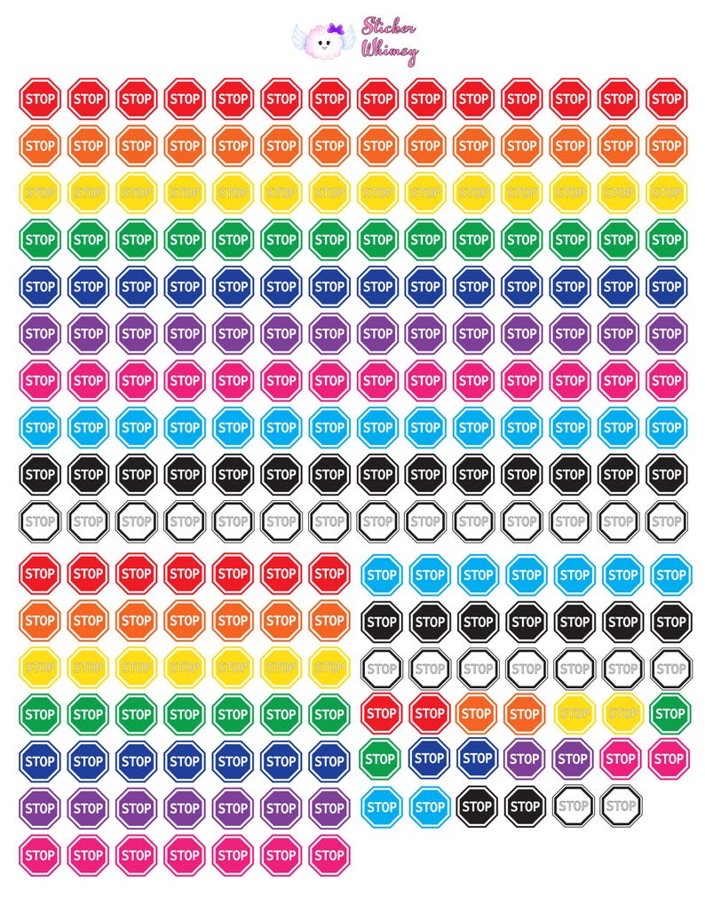 May include: A sheet of 100 colourful octagon-shaped stickers with the word "STOP" printed in white on each sticker. The stickers are in various colours, including red, yellow, green, blue, purple, and pink.