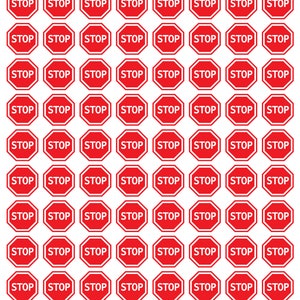 May include: A sheet of 64 red stop sign stickers with white borders and the word "STOP" in white letters.