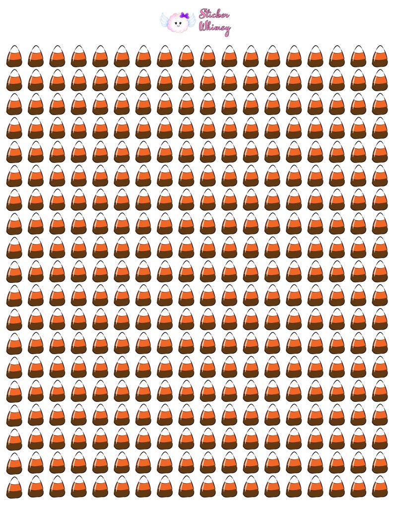 May include: A sheet of 100 candy corn stickers. The stickers are orange, white, and brown. They are arranged in a grid pattern.