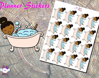 Black Girl Bath Time Planner Stickers, Printed Stickers, Bubble Bath Stickers, Cute Girl Stickers, Erin Condren, Reminder, Functional