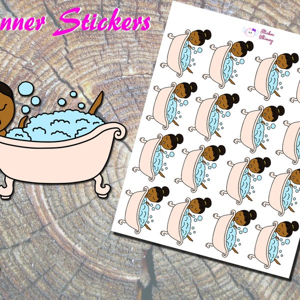 Black Girl Bath Time Planner Stickers, Printed Stickers, Bubble Bath Stickers, Cute Girl Stickers, Erin Condren, Reminder, Functional