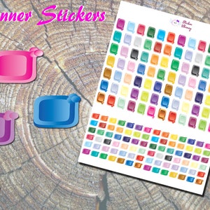 May include: A sheet of colorful planner stickers featuring a variety of square-shaped stickers with rounded corners. The stickers are in a rainbow of colors, including pink, blue, green, yellow, orange, red, purple, and brown. The stickers are arranged in rows and columns on a white background. The text "Planner Stickers" is at the top of the sheet.
