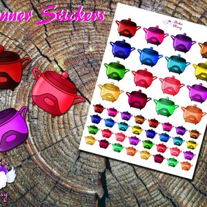 May include: A sheet of colorful planner stickers featuring various colored pots with lids. The stickers are arranged in rows and columns on a white background. The text "Planner Stickers" is at the top of the sheet.