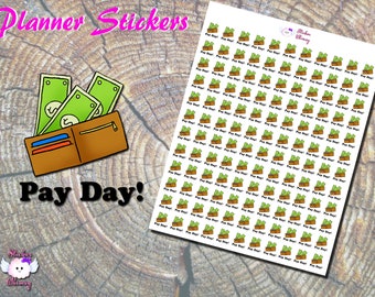 May include: A sheet of planner stickers featuring a cartoon illustration of a wallet with cash inside. The stickers say "Pay Day!" and are repeated in a grid pattern.
