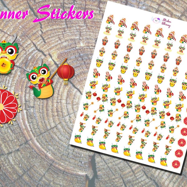 Cute Green Dragon Stickers, Printed Stickers, New Year Stickers,  Zodiac Stickers, Year of the Dragon, Lantern Stickers, Red Lotus Stickers