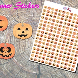 May include: A sheet of planner stickers featuring orange and yellow jack-o'-lantern faces with different expressions. The sheet is on a wooden background. Planner Stickers.