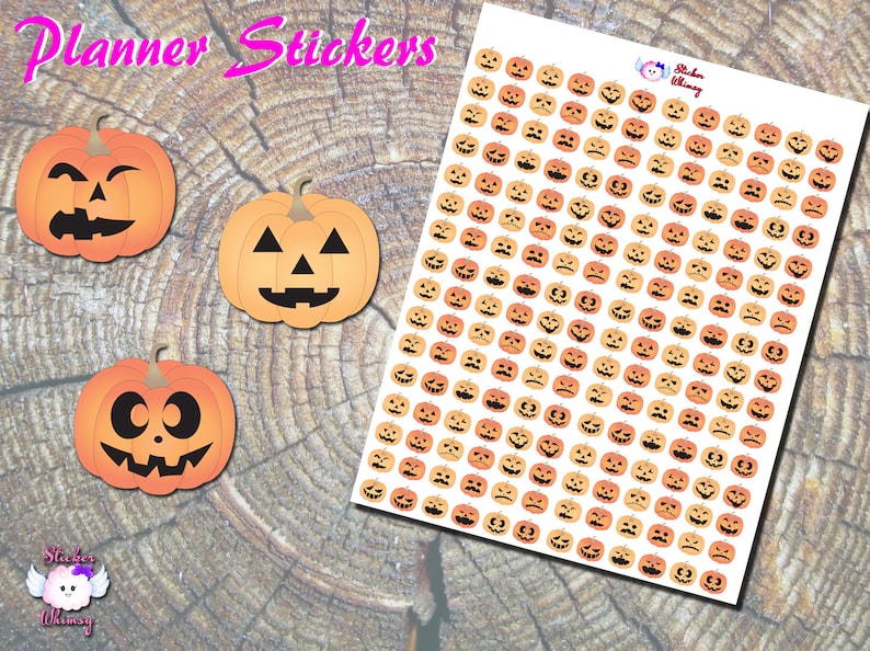 May include: A sheet of planner stickers featuring orange and yellow jack-o'-lantern faces with different expressions. The sheet is on a wooden background. Planner Stickers.