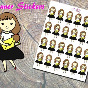 Adesivos de planejador de menina morena segurando uma carta, adesivos impressos, adesivos de envelope, adesivos de garota fofa, Erin Condren, lembrete, funcional