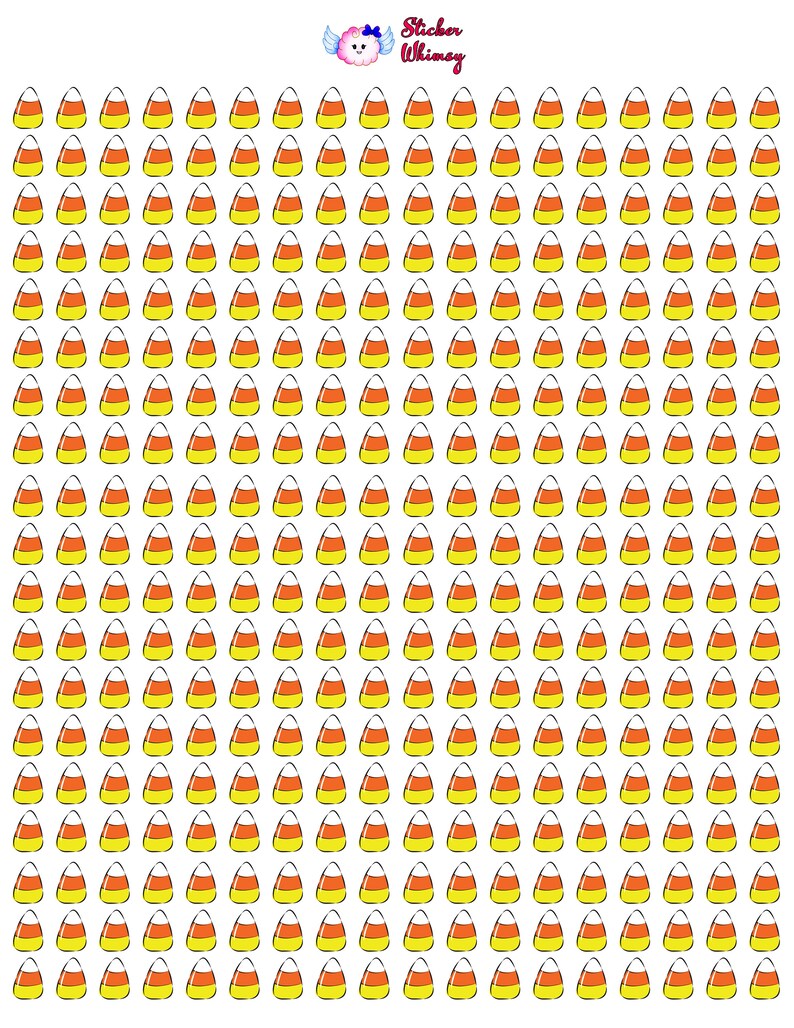 May include: A sheet of 100 candy corn stickers. The stickers are orange, yellow, and white. The stickers are arranged in a grid pattern.