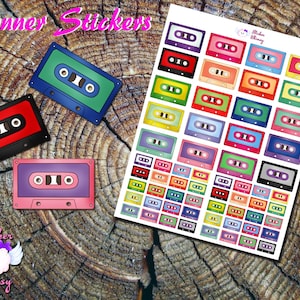 Pegatinas coloridas para planificador con cinta de casete, pegatinas de la vieja escuela, pegatinas bonitas, Erin Condren, funcionales, recordatorios, pegatinas coloridas
