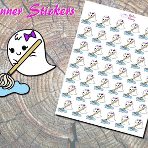 May include: A sheet of planner stickers featuring a white ghost with a purple bow, holding a mop and cleaning up a blue puddle. The text "Planner Stickers" is at the top of the sheet.
