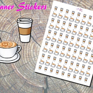 Peut inclure: Une feuille d'autocollants pour planificateur avec diff&eacute;rents tasses et mugs &agrave; caf&eacute;. Les autocollants sont blancs avec des contours noirs et pr&eacute;sentent du caf&eacute; brun et de la cr&egrave;me. La feuille comprend le texte "Planner Stickers".