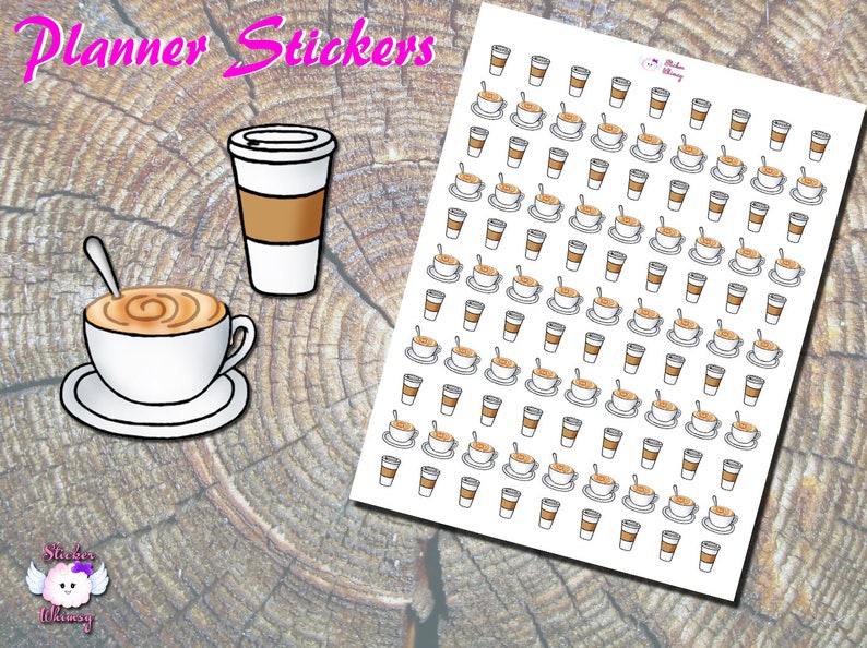 Peut inclure: Une feuille d'autocollants pour planificateur avec diff&eacute;rents tasses et mugs &agrave; caf&eacute;. Les autocollants sont blancs avec des contours noirs et pr&eacute;sentent du caf&eacute; brun et de la cr&egrave;me. La feuille comprend le texte "Planner Stickers".