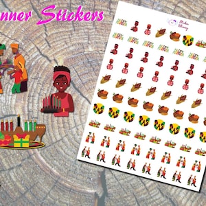 Adesivi per pianificatori Kwanzaa, adesivi per le feste, adesivi stampati, adesivi invernali, adesivi africani, mais, candele, verdure, regali, tazza dell'unità