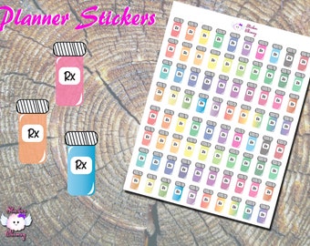 May include: A sheet of colorful planner stickers featuring 63 pill bottle designs. Each bottle has a black outline and a white label with the letters "Rx" printed in black. The bottles are arranged in a grid pattern and are printed on a white background.