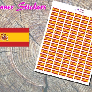Op de afbeelding: Een vel planner stickers met de vlag van Spanje. Het vel bevat 10 rijen met 10 stickers, elke sticker met de rood-gele Spaanse vlag met het nationale wapen.
