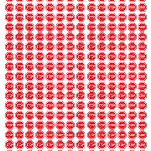 May include: A sheet of 100 red and white stop sign stickers. Each sticker is a red octagon with a white border and the word "STOP" in white letters.