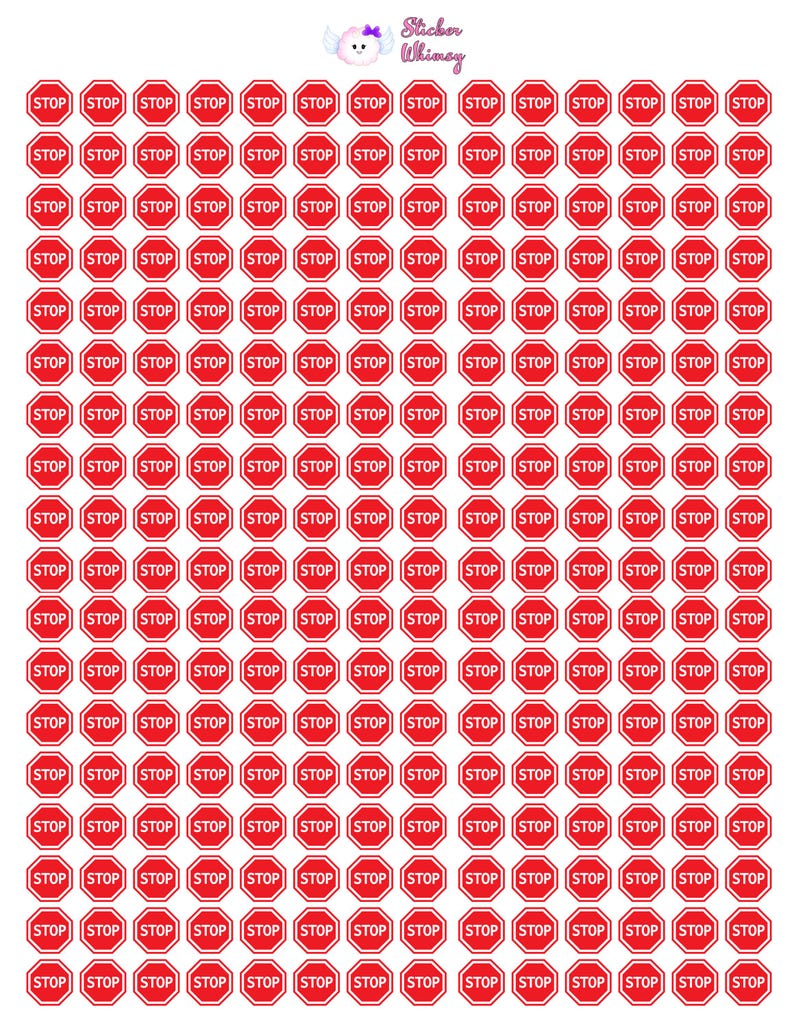 May include: A sheet of 100 red and white stop sign stickers. Each sticker is a red octagon with a white border and the word "STOP" in white letters.