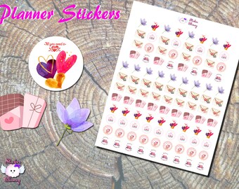 Happy Valentine's Day Planner Stickers: Lotus, Hearts, Chocolate