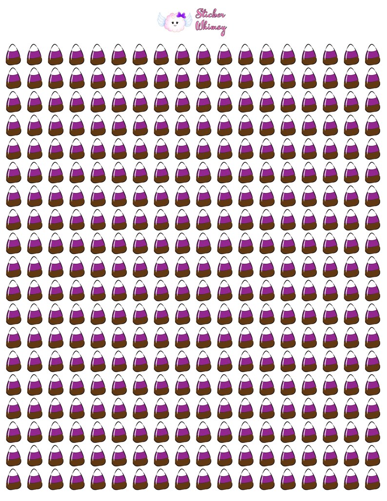 May include: A sheet of 100 purple, white, and brown candy corn stickers. The stickers are arranged in a grid pattern. The text "Sticker Whimsy" is at the top of the sheet.