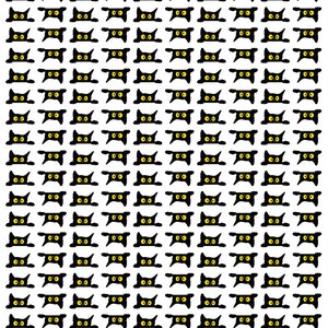 Op de afbeelding: Een vel met zwarte katten stickers met gele ogen. De katten kijken over een oppervlak, met hun poten en oren zichtbaar. De stickers zijn in een rasterpatroon gerangschikt.