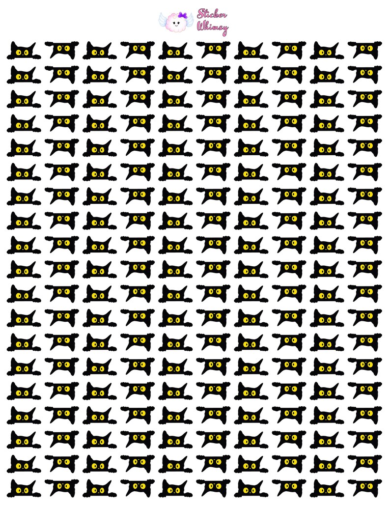 Op de afbeelding: Een vel met zwarte katten stickers met gele ogen. De katten kijken over een oppervlak, met hun poten en oren zichtbaar. De stickers zijn in een rasterpatroon gerangschikt.