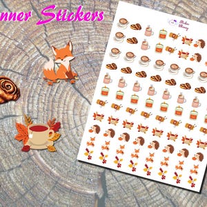 Stickers automne douillet, Stickers imprimés, Stickers automne, renard, petit pain à la cannelle, thé, citrouille épicée, bougie, café au lait, Stickers mignons,