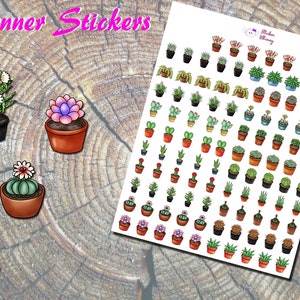 Sappige stickers, gedrukte stickers, stickers woestijnplant, kamerplant in pot, cactusstickers, stickers diverse cactussen, schattige stickers,