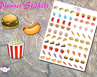 Può includere: Adesivi per planner con illustrazioni colorate di cibi fast food come hamburger, hot dog, popcorn, tacos, patatine fritte, pizza e gelato. Gli adesivi sono su un foglio bianco e sono progettati per planner e diari.