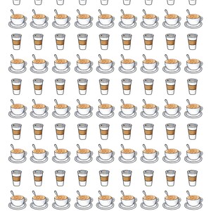 Peut inclure: Une feuille de 64 autocollants repr&eacute;sentant un motif de tasses &agrave; caf&eacute; et de gobelets &agrave; caf&eacute; &agrave; emporter. Les tasses sont brunes avec un bord blanc et un couvercle blanc. Le caf&eacute; est brun et a un tourbillon de cr&egrave;me sur le dessus. Les tasses sont sur un fond blanc.