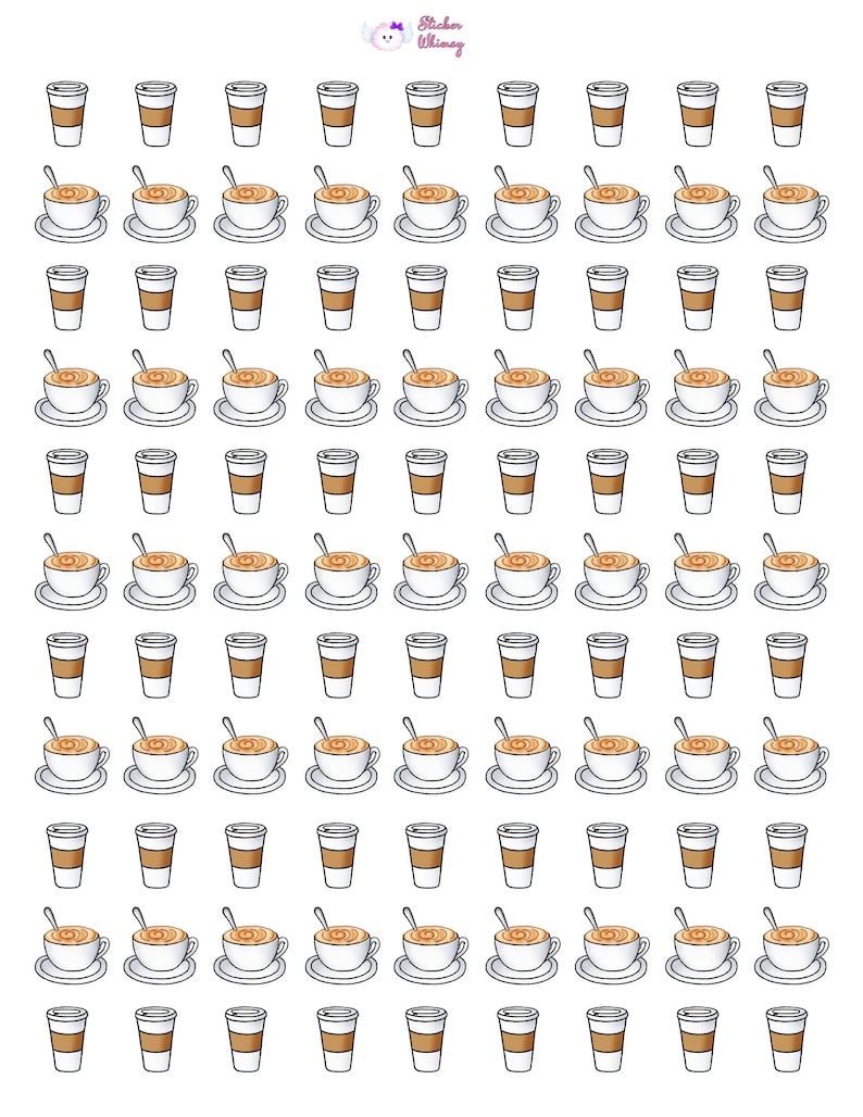 Peut inclure: Une feuille de 64 autocollants repr&eacute;sentant un motif de tasses &agrave; caf&eacute; et de gobelets &agrave; caf&eacute; &agrave; emporter. Les tasses sont brunes avec un bord blanc et un couvercle blanc. Le caf&eacute; est brun et a un tourbillon de cr&egrave;me sur le dessus. Les tasses sont sur un fond blanc.
