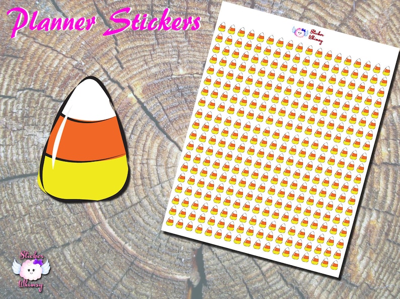 May include: A sheet of planner stickers featuring a repeating pattern of candy corn. Each candy corn is yellow, orange, and white. The sheet is labeled "Planner Stickers".