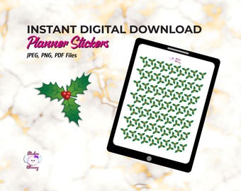 クリスマス・ホーリー柄プランナーステッカー、デジタルジャーナルファイル（JPEG、PNG、PDF形式）