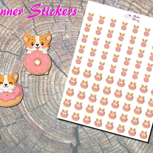 Niedliche Corgis Donut Aufkleber, Gedruckte Aufkleber, Hundeaufkleber, süße Aufkleber, Kawaii Aufkleber, Rosa Donut Aufkleber, Junkfood, flauschiger Hund