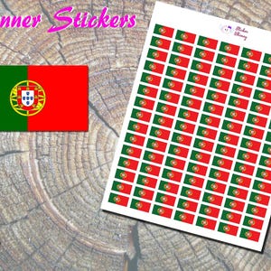 Könnte beinhalten: Eine Blatt Planer-Aufkleber mit der Flagge Portugals. Das Blatt hat 6 Reihen mit 10 Aufklebern, jeder Aufkleber ist eine kleine rechteckige Version der portugiesischen Flagge.