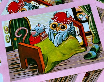 May include: A hand-painted illustration of an owl in a red nightcap, tucked into bed with a green and brown blanket. A small mouse in a red vest sits on the edge of the bed, looking at the owl.
