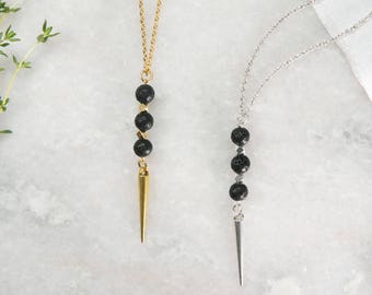 8mm Black Natural Lava Diffuser Necklace with Spike Drop on 18" Silver or Gold Dainty Chain