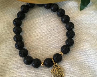 Black Natural Lava Bead Diffuser Bracelet with Gold Leaf Accent